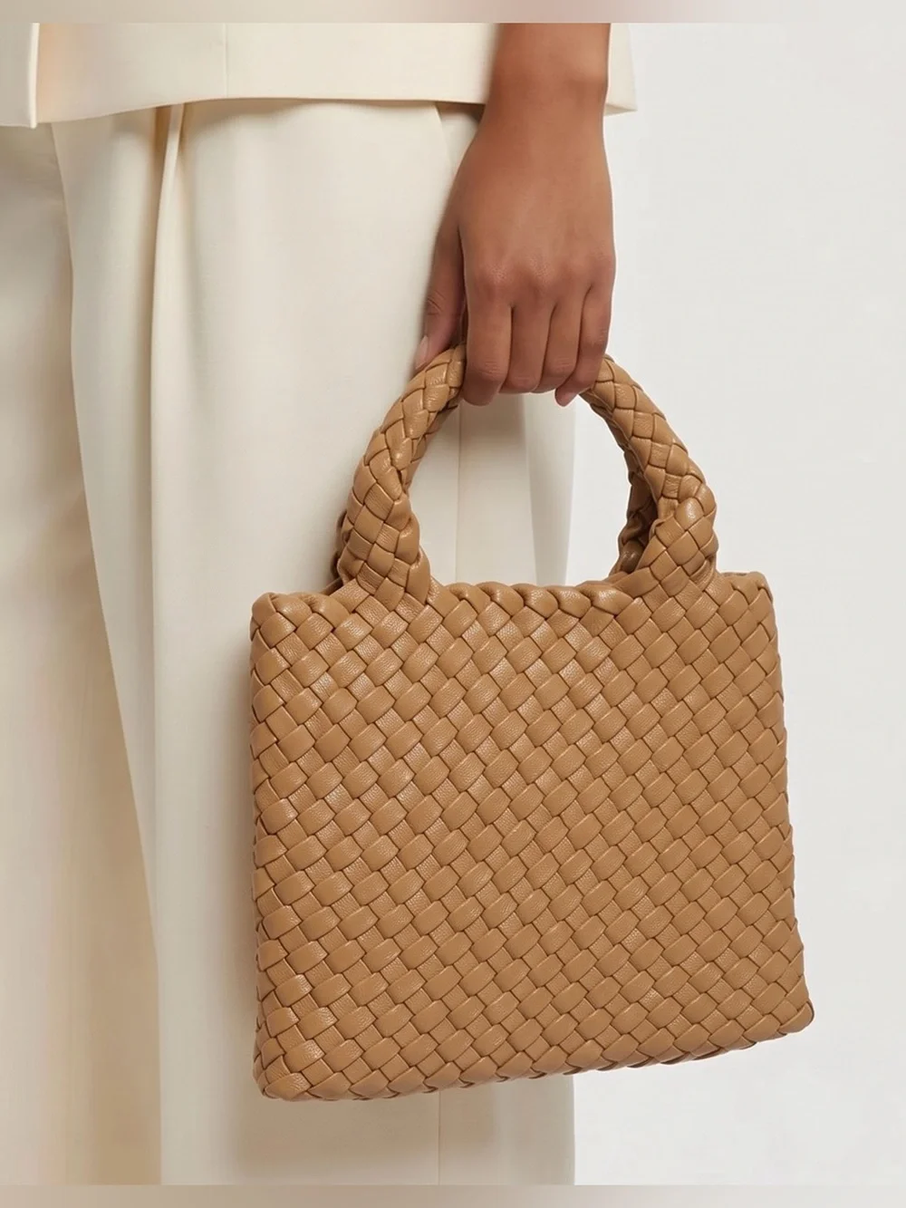 Ladies Small Faux Leather Woven Satchel Tote Top Handle Golden Brown EUC